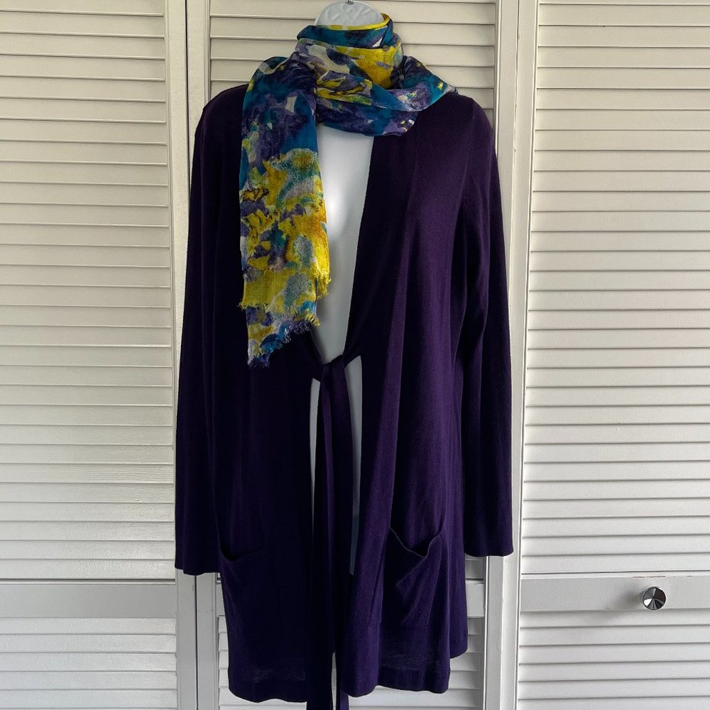 Chicos Purple Tunic Length Open Cardigan. Size 1, NWOT  (Scarf not included)